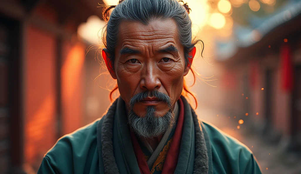 ancient asian man looking directly at the camera, not at the center, clear facial features, bright colors, light particles, with bright light, Mushhiv, wallpaper art, UHD wallpapers, vivid atmosphere, near a house ancient village