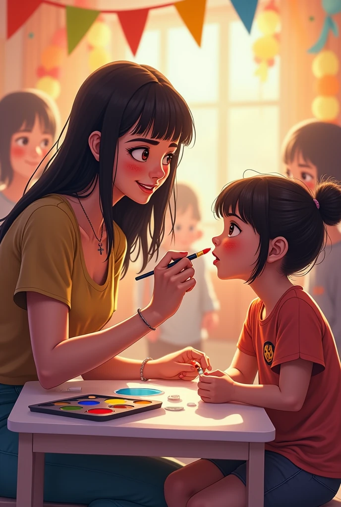 a young woman with long dark hair, with short straight bangs and a septum piercing. She has a kind smile, She is sitting on a chair in a festive atmosphere. She is wearing a brightly colored t-shirt and has a box of paints and brushes next to her.. Children, excited, They are in line waiting for their turn. The woman is painting a smiley face on one of the children's cheeks, who is sitting in front of her, with his gaze fixed on the brush and the paint. the atmosphere is happy, with colorful decorations
