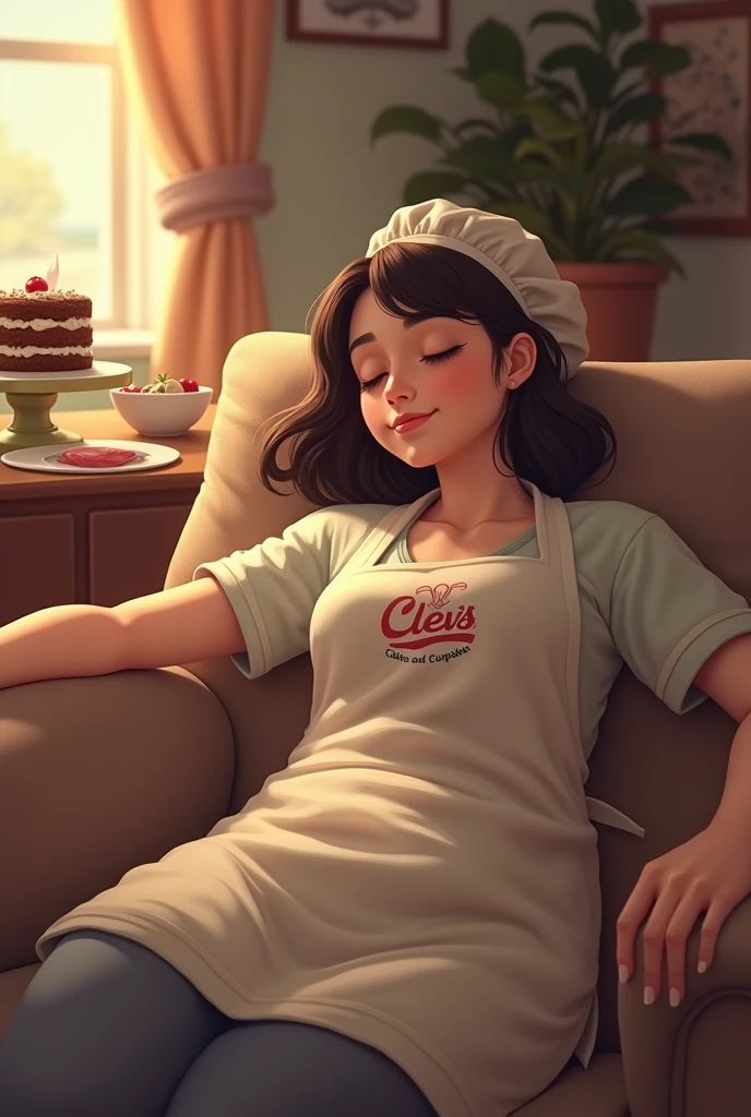a lady baker wearing apron with a logo " Clev's Cakes and Cupcakes " sleeping lying in a couch , there is a cake in her background also baking materials