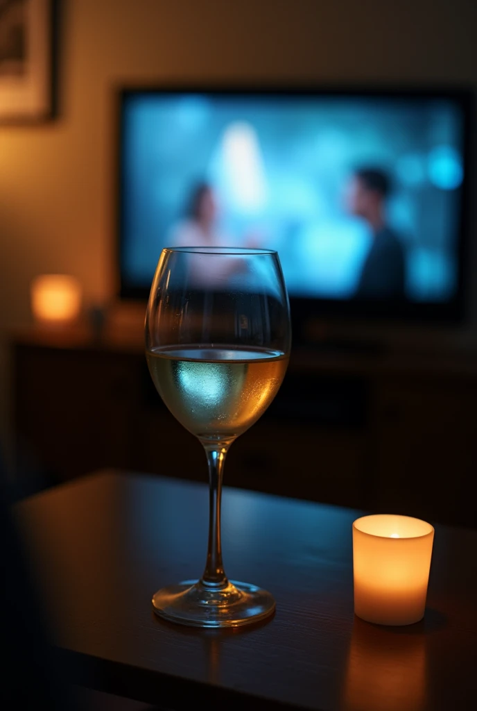 very amateur photo, brazilian house, glass of white wine in the blurred foreground close to the camera, with the TV in the background playing a movie, in a dark environment. taken as if with a cell phone, In first person 