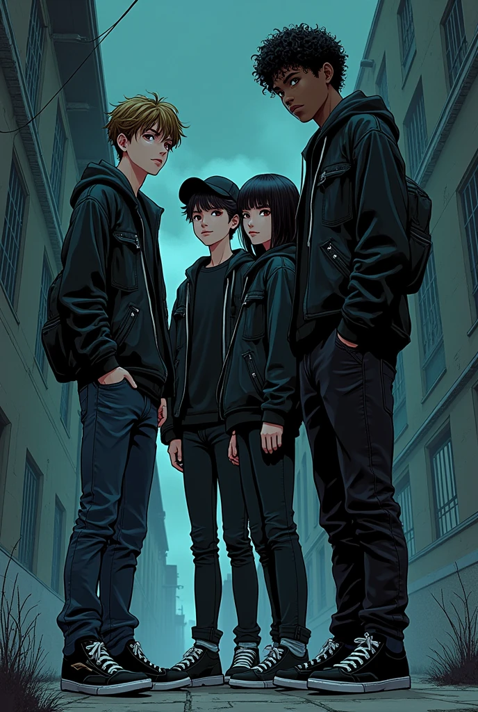 An image with 4 people, a young thin man, with wavy hair and just above shoulder length, wearing baggy pants. a short young woman, dark haired and bangs, a young man not so strong but well defined wearing a black cap. and a tall black boy, with medium curly hair and wearing grunge clothes. Image made with thick lines of a gothic anime