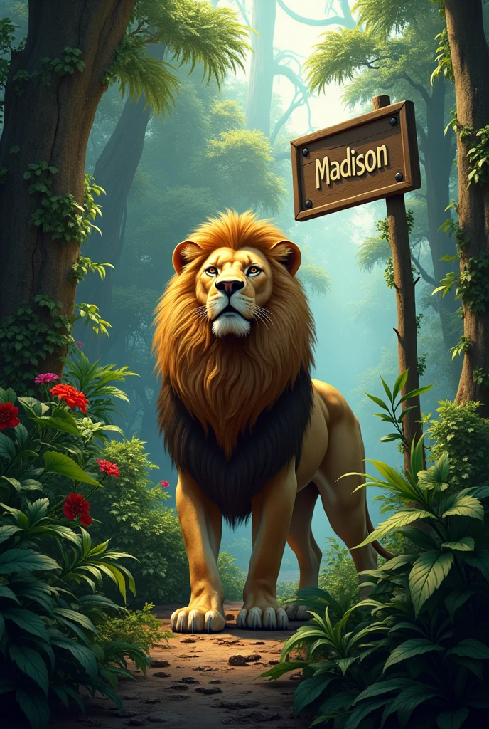 Lion in the jungle with a sign that says MADISON