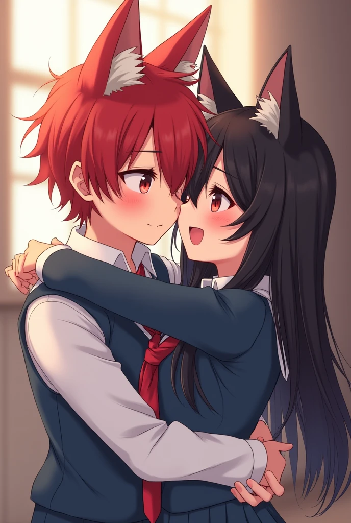 Anime boy with red hair, fox ears and school uniform hugging an anime girl with long black hair, red eyes, cat ears