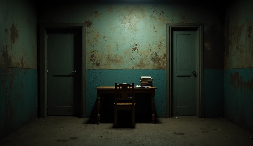 a dark room in the favela with some books in the corner a table and a wooden chair horizontally (I want the photo in landscape, from sideways)

