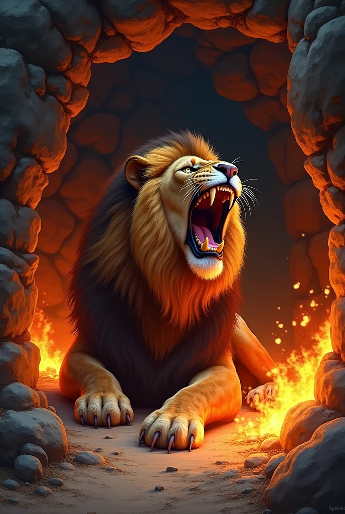 Wallpaper of a stone cave, inside it a lion lying down roaring, and flames of fire around the cave.