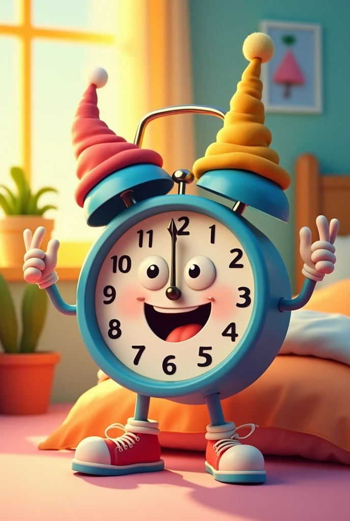 A cheerful teenage alarm clock with arms and legs wearing hats