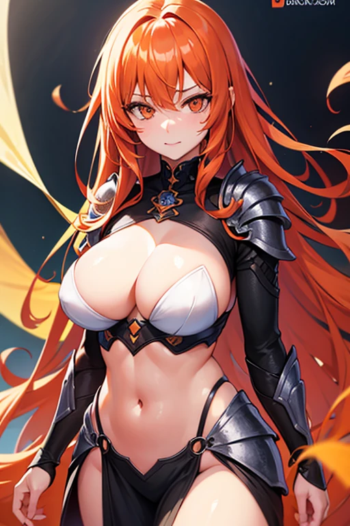 a beautiful woman, orange eyes, detailedeyes, long curly orange hair, defined body, wearing sexy armor, looking ahead at viewer
