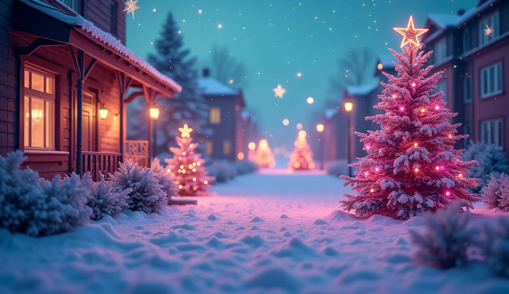city at christmas, surrounded by snowflakes and Christmas decorations in purple and teal tones in a colorful, dreamlike environment with glittering lights and boken effects