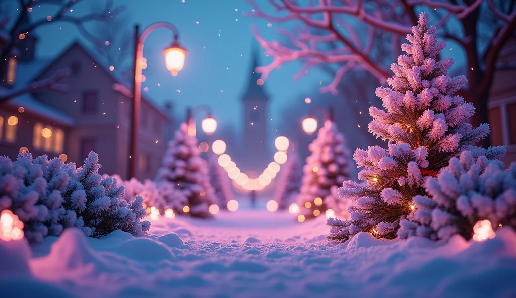 city at christmas, surrounded by snowflakes and Christmas decorations in purple and teal tones in a colorful, dreamlike environment with glittering lights and boken effects