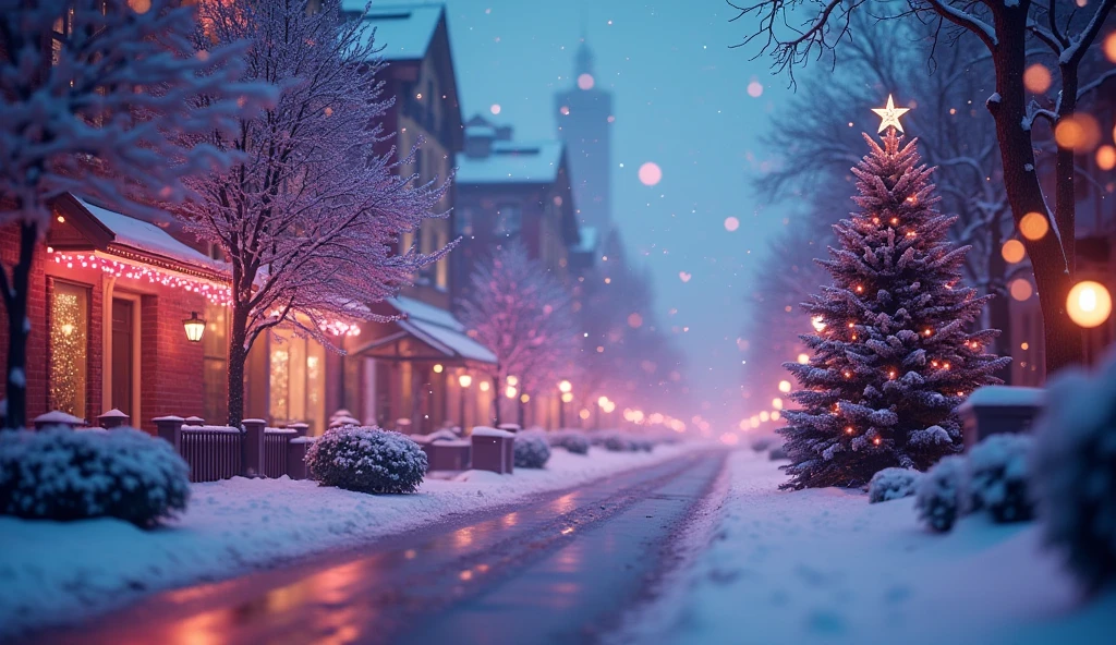 city at christmas, surrounded by snowflakes and Christmas decorations in purple and teal tones in a colorful, dreamlike environment with glittering lights and boken effects