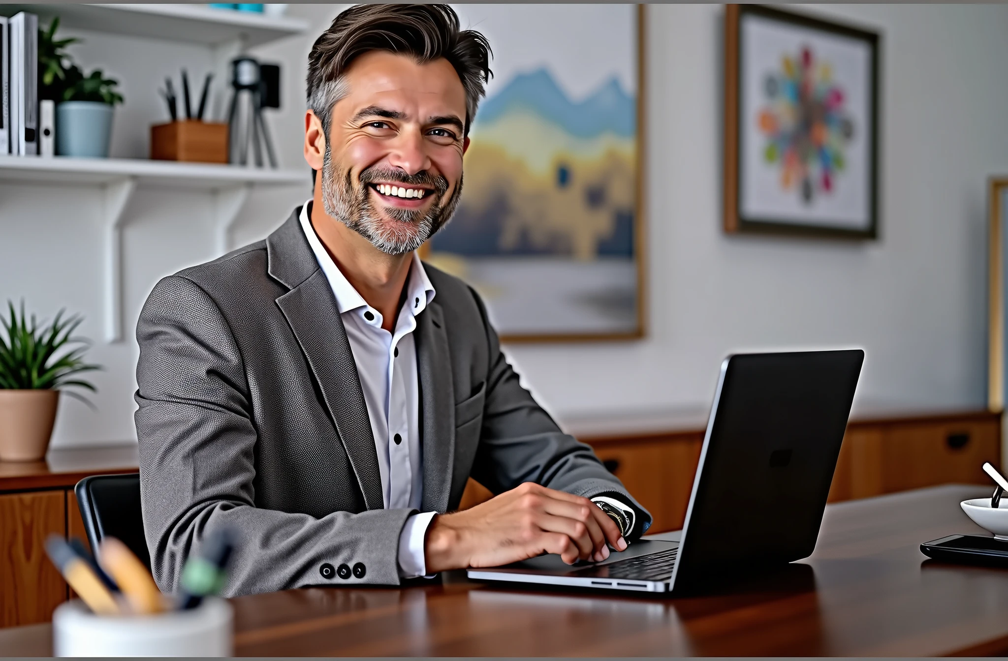 An American man working on his laptop computer in the office early in the morning,Smiling at the camera