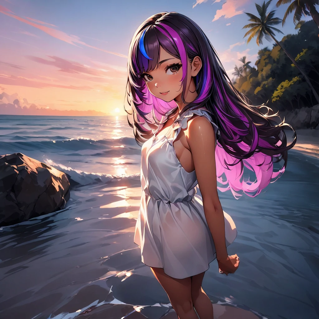 (highest quality:1.2, Very detailed, up to date, Vibrant, Ultra-high resolution, High Contrast, masterpiece:1.2, highest quality, Best aesthetics), super wide angle, Portraiture、girl、surfer, solo, (25-years-old:1), Bright colors、Beautiful fine details、Beautiful lip detail, long hair、black and purple ((streaked hair:1.6)), highlights hair: 1.5, brown eyes, ((slim body:1.4)), (small breast:0.7), (dark skin:0.5), summer dress, loose fit, standing tropical beach:1, parm trees, from behind:2, looking beautiful sunset, Backlit:2, rear view, (full body:1.5),