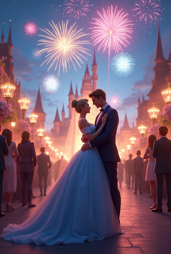 Cinderella and the prince getting married and living happily, with a celebration scene., WITH BLONDE CINDERELLA IN LIGHT BLUE WITH FIREWORKS IN THE BACKGROUND , Very realistic