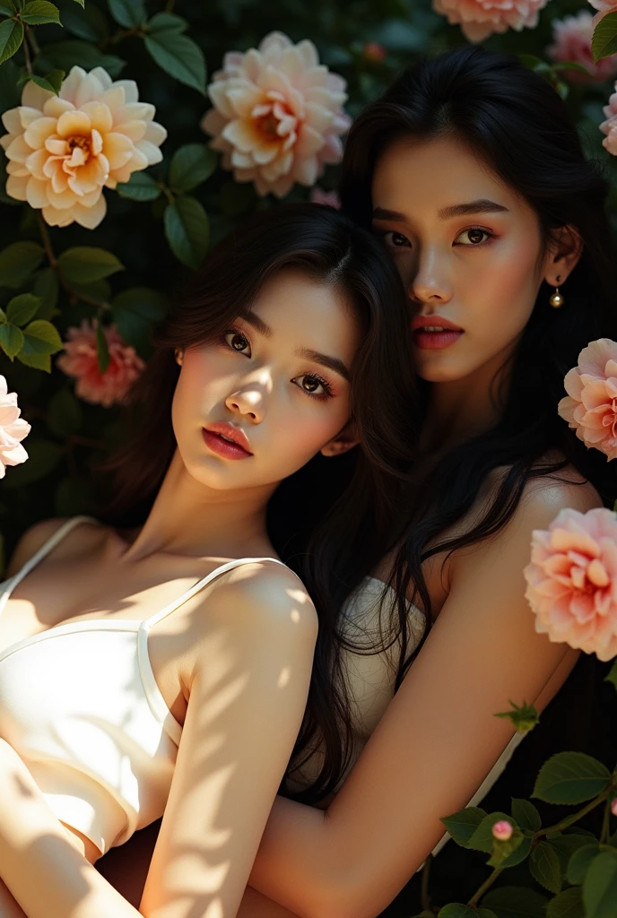 a beautiful kpop idol girl in a sea of flowers, extremely detailed face, detailed eyes, long eyelashes, detailed lips, detailed nose, detailed facial features, detailed upper body, high quality 8k resolution, dramatic lighting, photorealistic, cinematic, vibrant colors, intricate floral background, lush flowers, depth of field, professional photography
