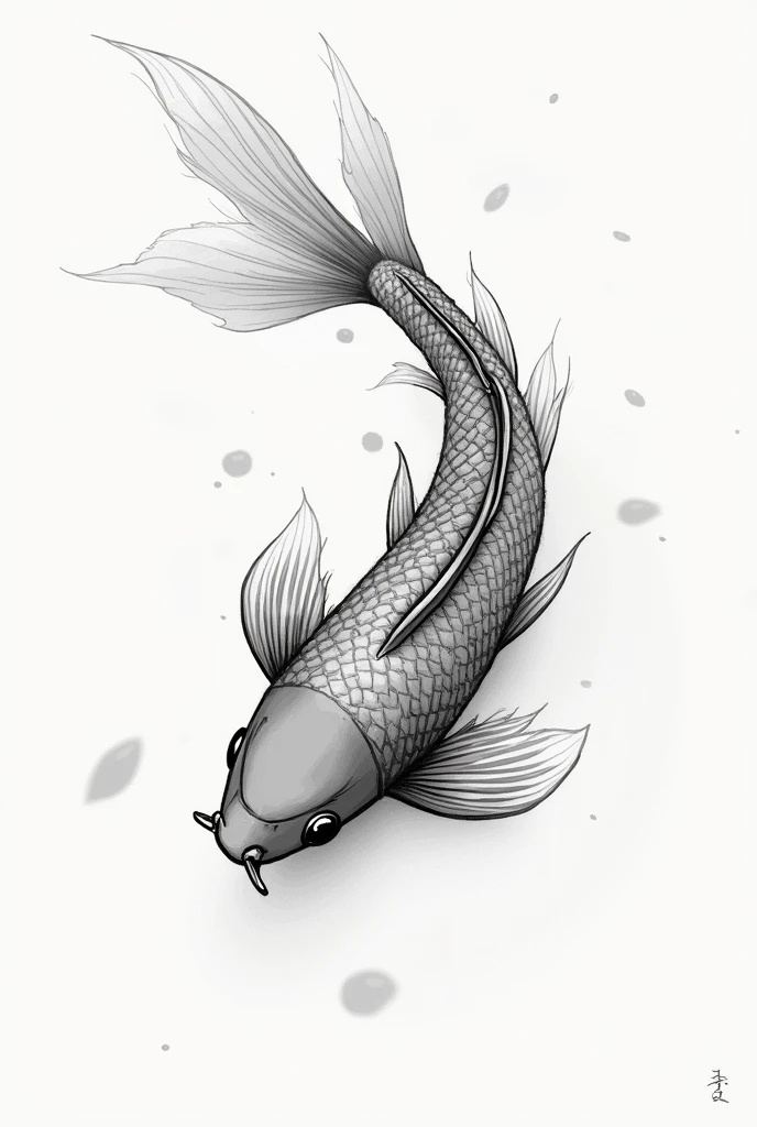 Using the Light and Dark technique, draw a koi fish (as if it were a sketch). Outlining the watermarks and drawing the boundaries of a small pond
