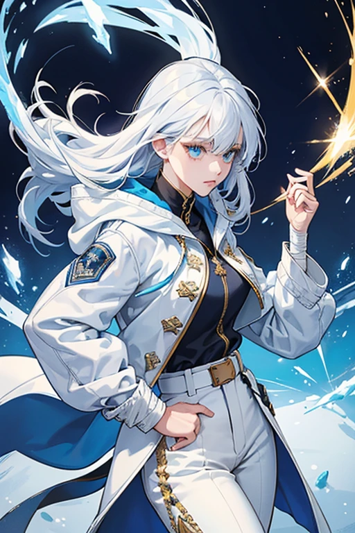 ice hair. she wears a symmetrical white hooded jacket with navy embroidery. Under this, she wears a blue shirt over white pants with gold cuffs, along with a dark navy undershirt. sHe has bandages around her right wrist and right ankle. sHe wears her Vision on the left side of her belt. SPARKLE; GLITTER