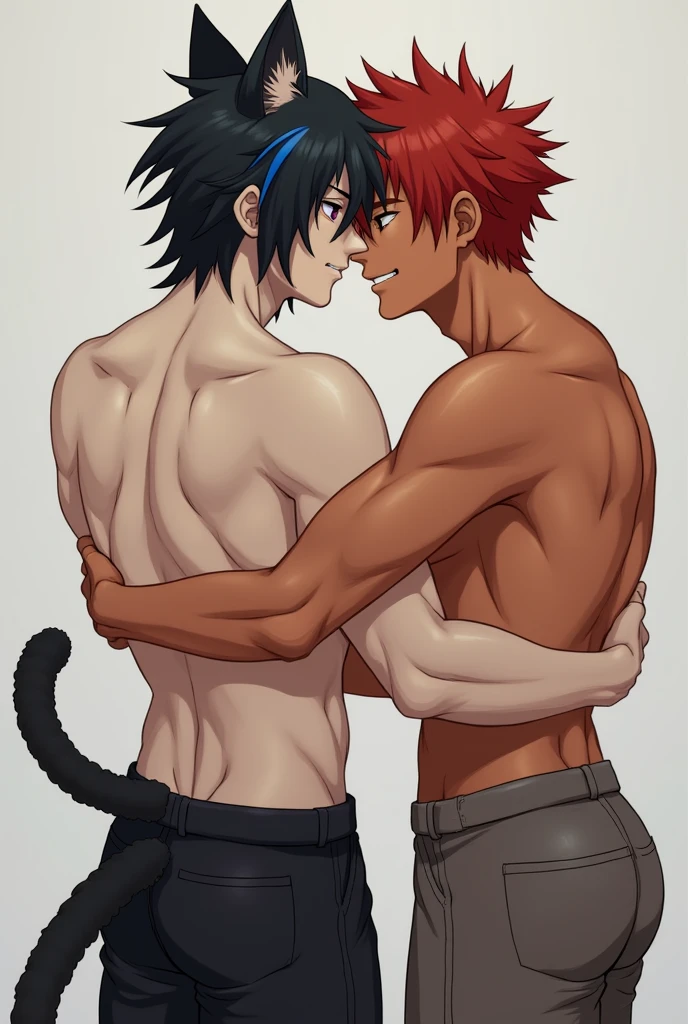 2guys having anal sex, rough, front perspective, one with cat ears and tail, black hair with blue streaks, pale skin. The other with spiky red hair, bronzed skin.
