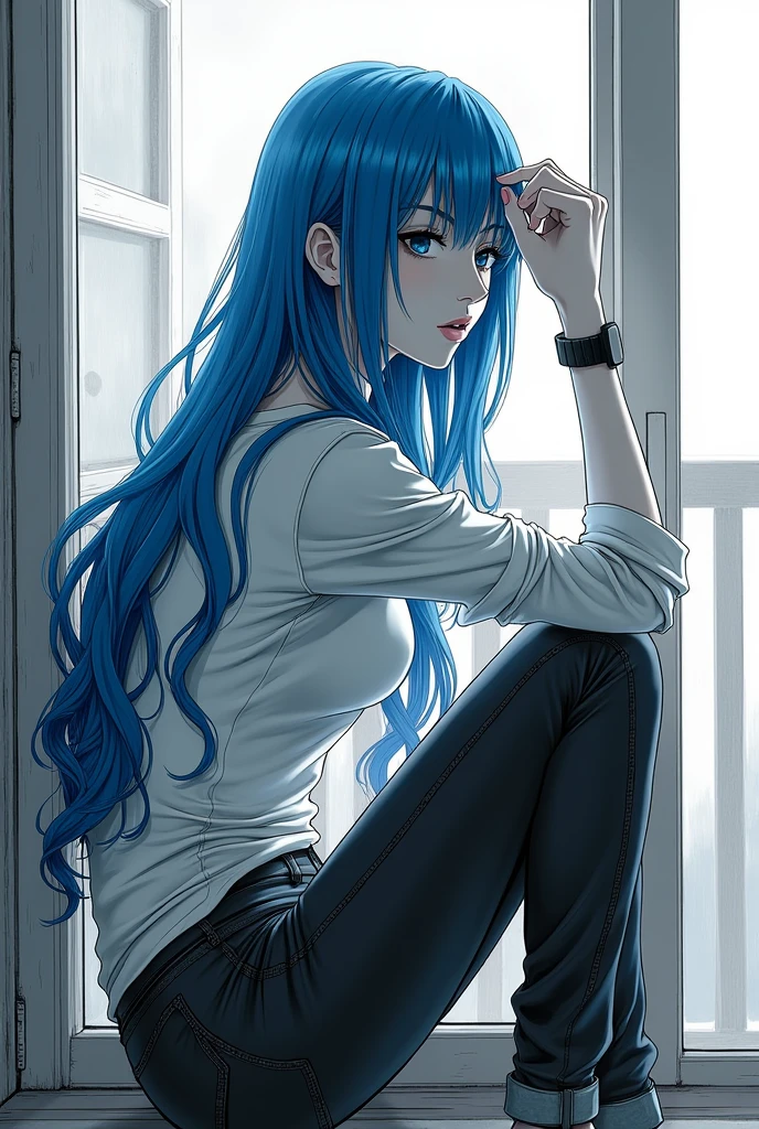 Monochrome manga art style, female figure with vibrant blue hair cascading down her back, seated in fitted dark jeans, positioned from behind, intricate linework detailing hair texture and folds of fabric, subtly dramatic shading emphasizing the curves of the body and the depth of the scene, soft gradient shades transitioning from deep blacks to silvery grays, the background softly blurred to enhance focus on the character, contemplative mood conveyed through the relaxed posture, slight lean suggesting introspection or daydreaming, hints of accessories like a simple wristwatch slightly visible, the composition drawing the viewer's eye towards the elegance of the figure, capturing the essence of classic manga art with dynamic angles and expressive features rendered in rich monochrome tones, delicate balance of shadows accentuating the contours of the body, overall harmony in color palette focusing on shades of black and gray to highlight the striking blue hue of the hair, evoking a serene atmosphere that invites contemplation of her story.