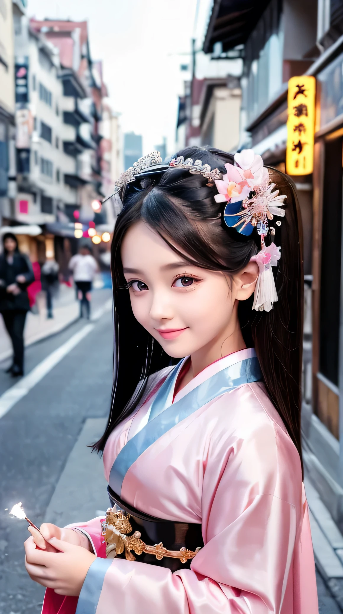 (Very beautiful  cute girl), (very  cute face:1.2),12 yo, (sparking crystal clear attractive large eyes), beautiful detailed eyes, Detailed double eyelids, (smiling), (realistic photograph:1.2), long straight hair,gorgeous flamboyantly colored apprentice geisha costume, apprentice geisha costume,very beautiful kimono, Costume lighting,in the street