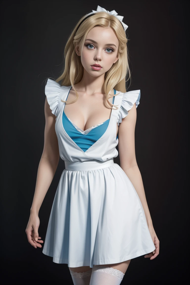 masterpiece, 1girl, solo, make her a sexy Alice in Wonderland with blonde hair, powder blue dress with white apron, white stockings, cleavage, dynamic, ultra high def, 32k, (perfect anatomy:1.5), perfect legs, in the style of Artgerm and Adam Hughes, perfect arms, downblouse