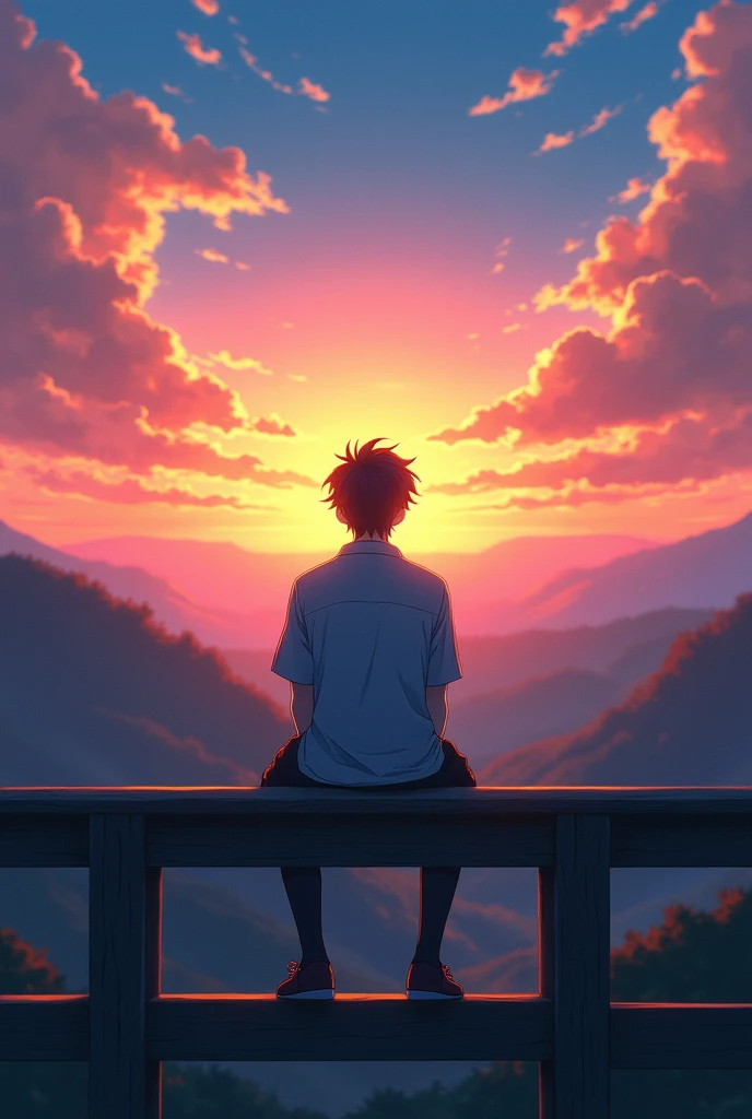 anime, a man sitting on a rail watching the sunset, makoto shinkai cyril rolando, ( ( makoto shinkai ) ), beautiful anime scene, watching the sun set. anime, amazing wallpaper, anime asthetic, anime background, 4k anime wallpaper, inspired by Makoto Shinkai, by Alena Aenami, anime wallpaper 4k