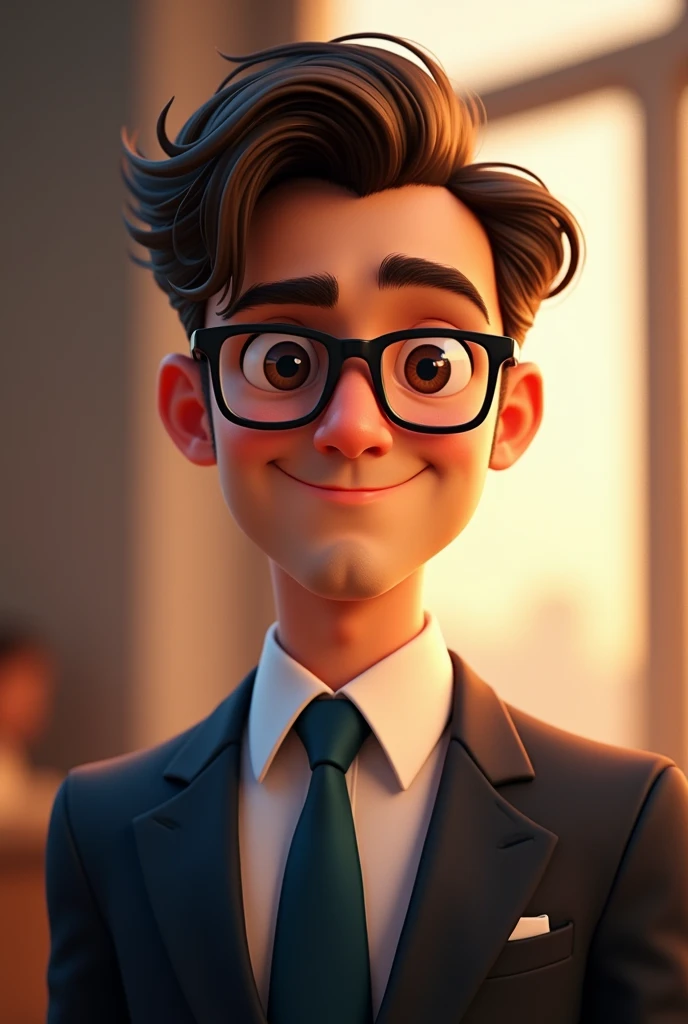 ((Best Quality)), disney pixar character, (detailed), perfect face, man, charismatic, Brown hair, black eyes, square glasses, dressed in suit