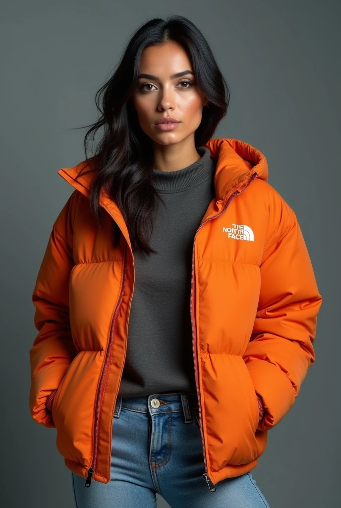 beautiful latin woman,  standing straight facing forward,with a closed orange North Face cold weather jacket, denim jeans pants, on a greyish background. Medium camera shot.