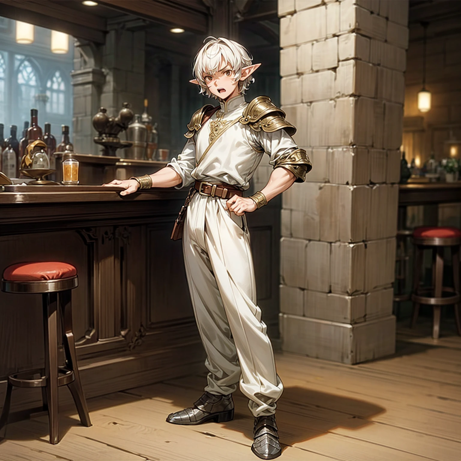 Solo character, full body version, middle aged man, muscle, (elf), brown eyes, white color hair, short Curly hair, white shirt, black long pants, shoes, belt, indoor, bar, town, medieval, standing gesture, detailed background, detailed clothing, detailed hair, (Makoto shinkai style art), open mouth, angry, armor