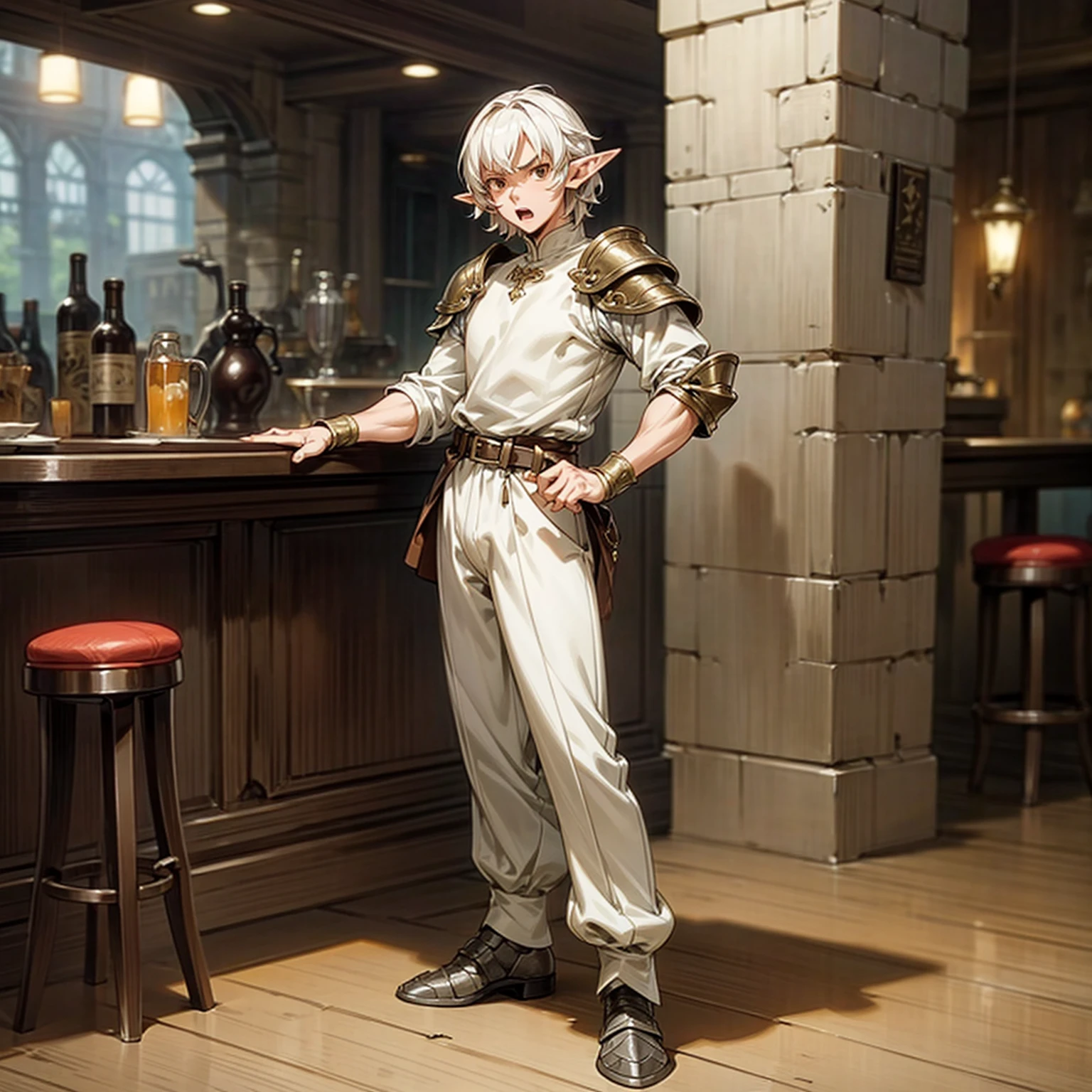 Solo character, full body version, middle aged man, muscle, (elf), brown eyes, white color hair, short Curly hair, white shirt, black long pants, shoes, belt, indoor, bar, town, medieval, standing gesture, detailed background, detailed clothing, detailed hair, (Makoto shinkai style art), open mouth, angry, armor