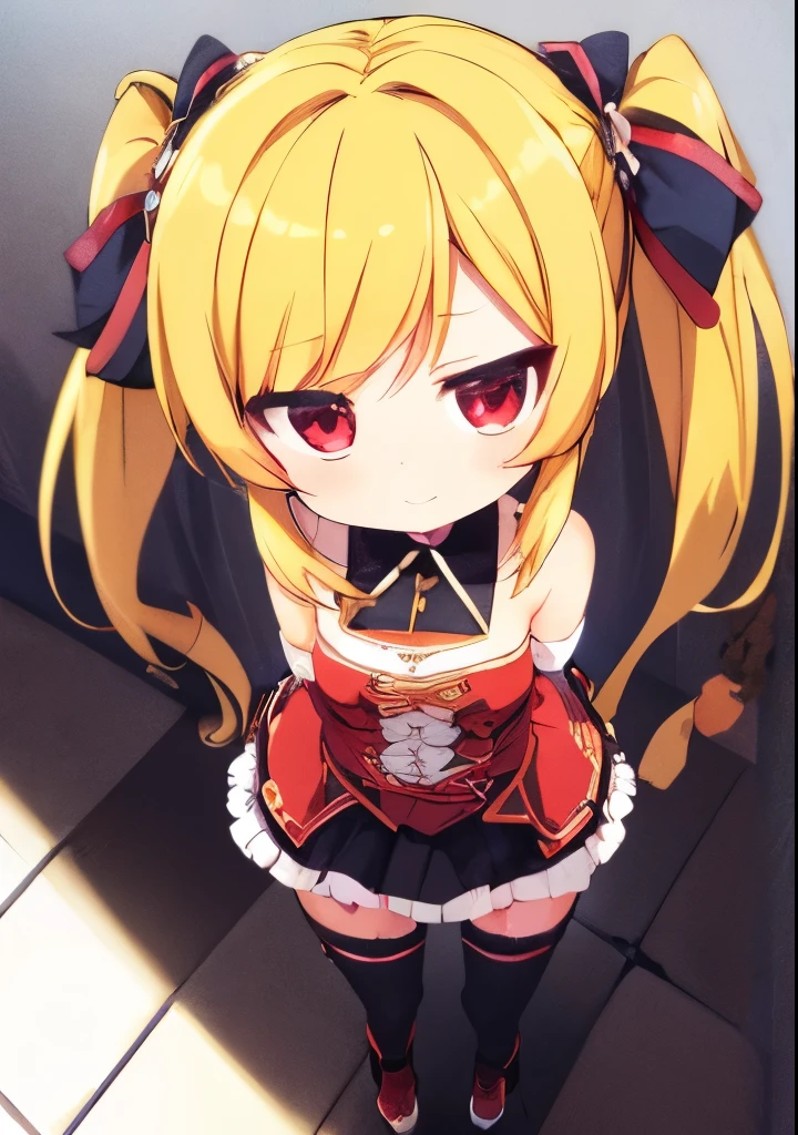 Idol-like anime character, fine facial features, firm eyes, kind smile, strong gaze, confident expression, short blonde twin-tail hair, hair bunched to the side with a few strands bouncing upwards, wears red ribbon, small breasts, cosplay, white tank top like a battle suit, dark red armored leather miniskirt, short skirt, armored nightdress with round hardware costume, dark red armored skirt, long black boots, shot from above, background in room, focus on face. Red eyes, five fingers, two hands. No shadow on background, high quality, high quality No shadow on background, high quality, high quality