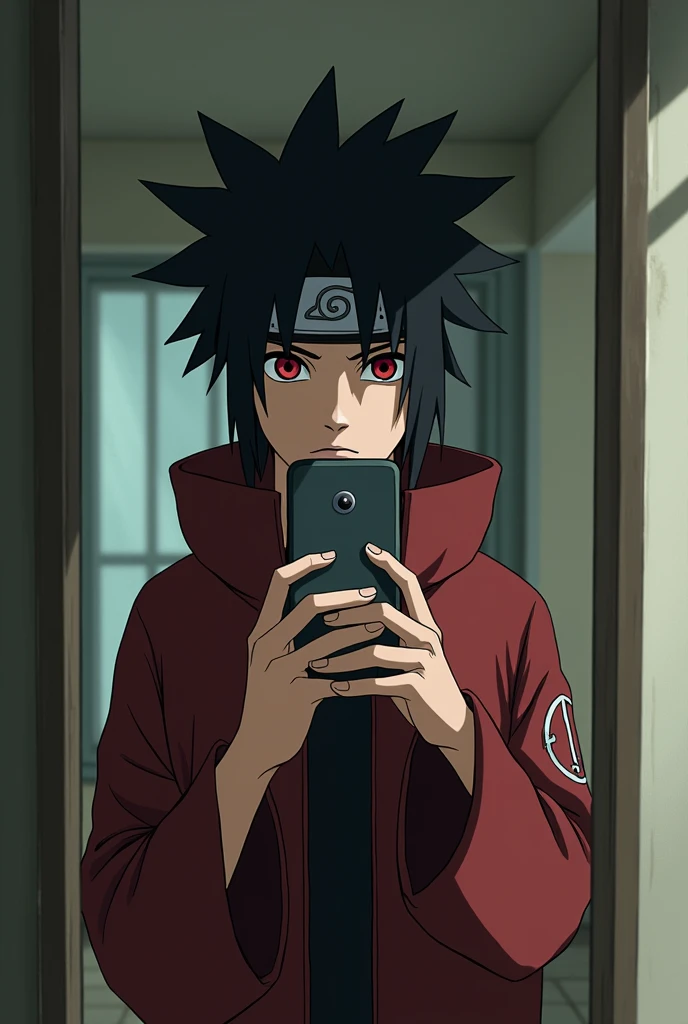 Personage Shisui of Naruto, taking a photo holding the cell phone in a mirror with the anime head but a slightly human body using the same image but placing the sharigan eyes better making the photo a little more realistic with the real world returning to the previous photo