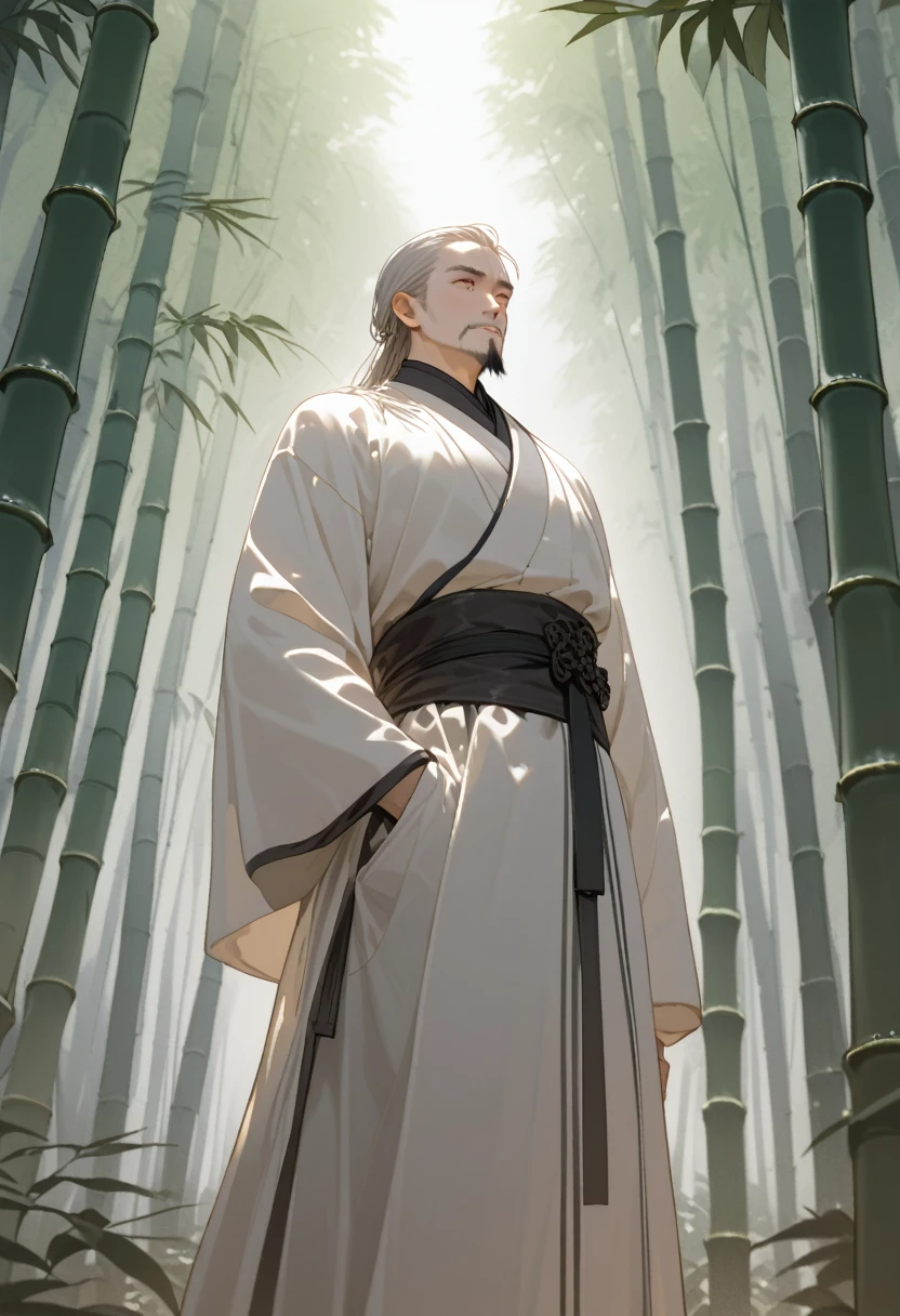 Deep in the bamboo forest, Chinese Ancient Times,raining day, A middle-aged male, 50yearsold, With a beard,long whitr hair,emaciated,dressed white hanfu, Standing in a bamboo forest, A hand touched his beard,Place one hand behind your back,look up to,Quiet, Cinematic lighting, in a panoramic view, Masterpiece, ccurate, Super detail, Award-Awarded, Best quality