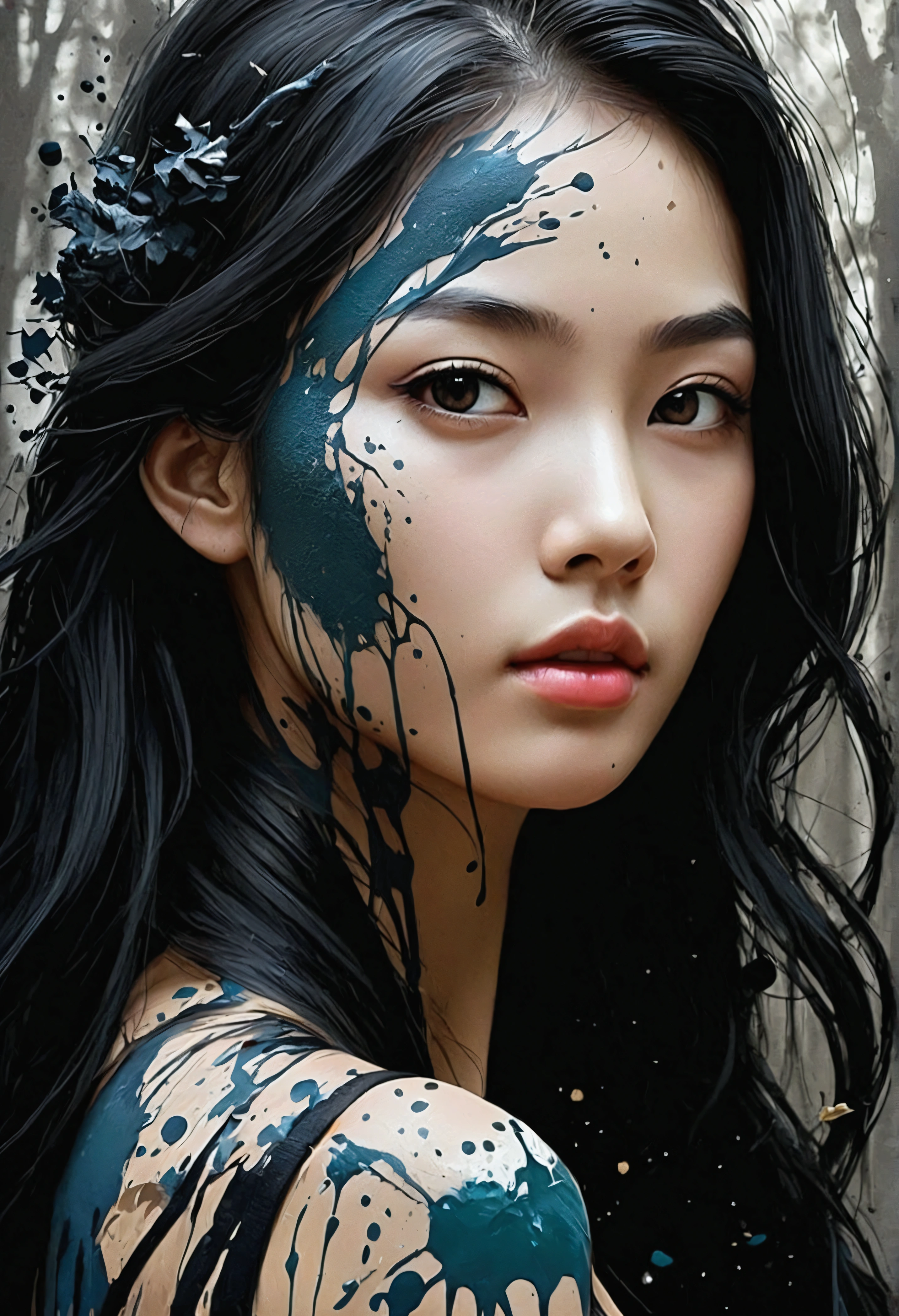 (((In dark fantasy paint splatter art:1.3))), Portrait of beautiful girlfriend, Fascinatingly beautiful sceneries appear, Ink splatters with chaotic black strokes, Intricate details blend into the ethereal forest world, creatures from another world, incrivelmente lindo, Gongbi, Each stroke exudes an enchanting sensation, extraordinary creation, Whether it is ink painting or oil painting, Master stunning details, pure brilliance, Scary Atmosphere Paint Splatter Coating,