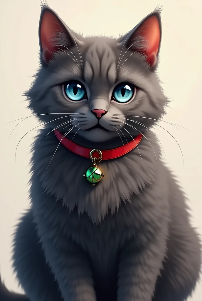 Adult, furry male cat of dark gray color with blue eyes and a red collar with a green bell pendant.
