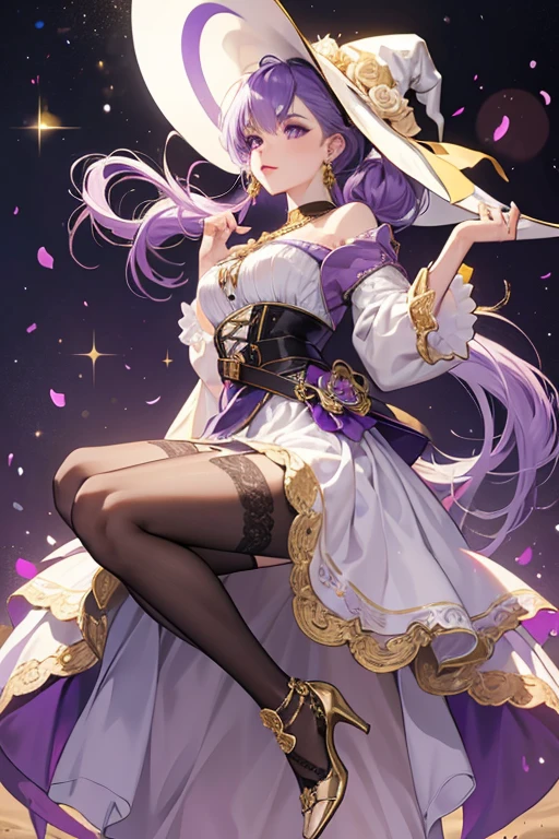 Lisa's sand hair is tied in a loose side ponytail.
She wears a purple and white dress with open slits at the sides and gold embroidery, along with black gloves with pale purple trim, a large witch's hat, black lace stockings, and black high heels, and an earring is visible on one ear. She wears a gold necklace with her Vision clasped to the collar of her dress.
There is a pale purple rose pinned to her hat, and a similar one on the tie of her ponytail. Additionally, a large ornamental golden rose is attached on her belt at the hip. SPARKLE; GLITTER