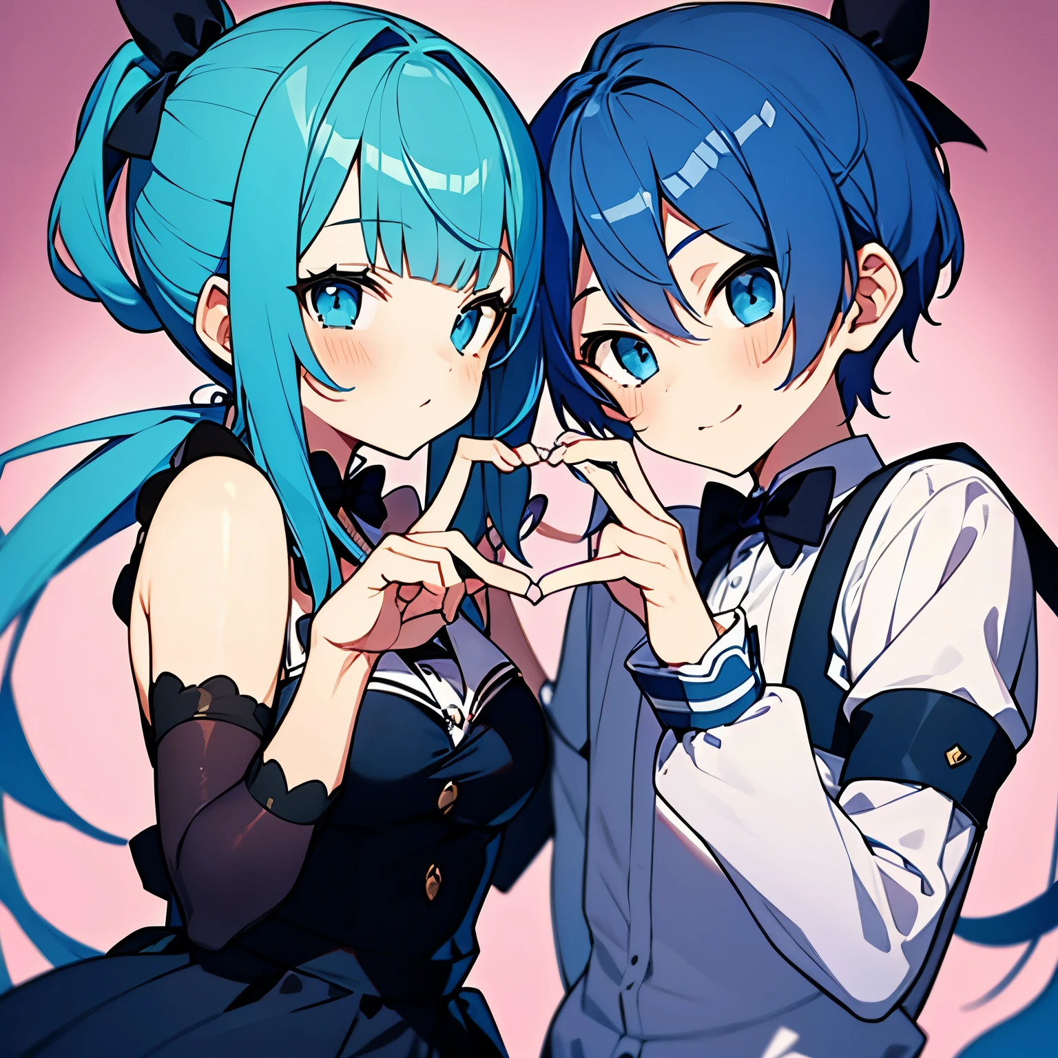 Cute girl and boy with blue hair making a heart with their hand