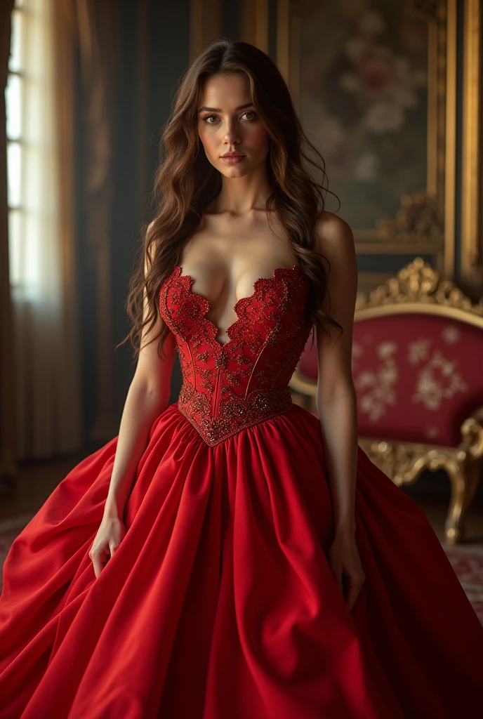 Woman with all red dress, long brown hair, white skin and in a castle