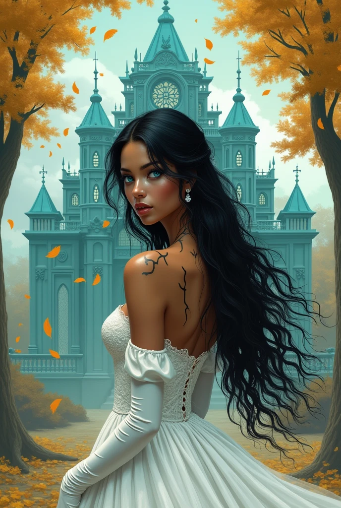 Caramel skin princess, with long black hair and light blue eyes. Her back has black veins popping out on her back, she wears a wedding dress and white silk gloves. She has a scared expression. In the background is a turquoise palace and golden leaves fall from the sky.. Realistic illustration like fairy tales by the Green brothers
