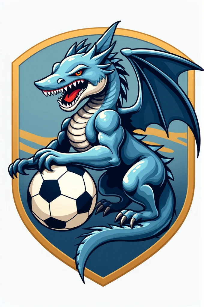 Create a hybrid shark and dragon logo for a soccer sports team with light blue and gold colors including a soccer ball