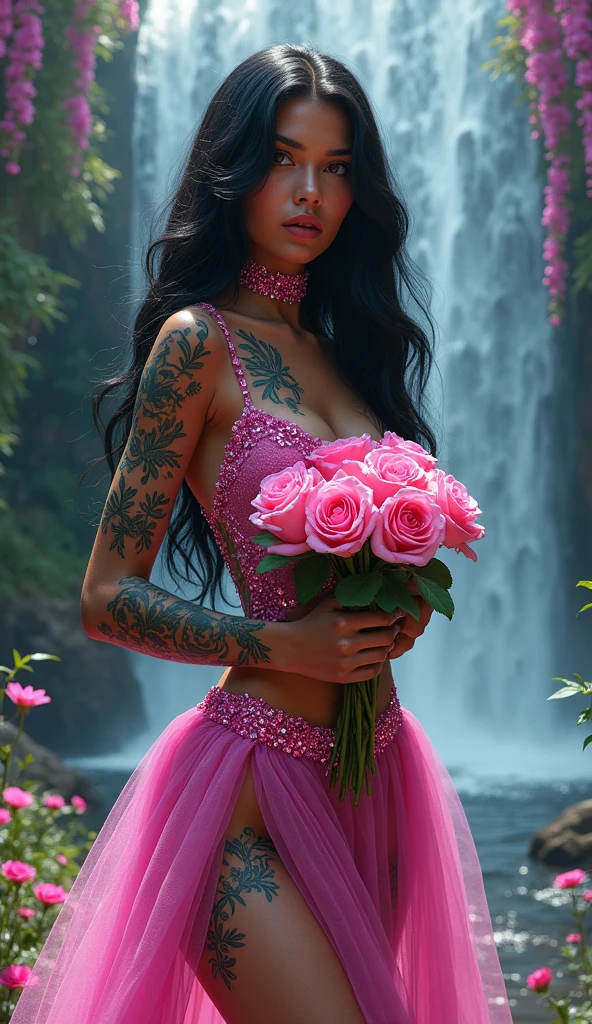 full body hyper realistic beautiful pink and green glowing tattooed Tan skinned woman with long black hair holding roses, in front of waterfalls wearing fuchsia lace gown with diamonds , flowers everywhere, pink neon lights colorful magical fantasy art style painting
