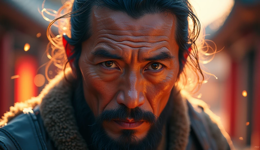 ancient asian man looking directly at the camera, not at the center, clear facial features, bright colors, light particles, with bright light, Mushhiv, wallpaper art, UHD wallpapers, vivid atmosphere, near a house ancient village