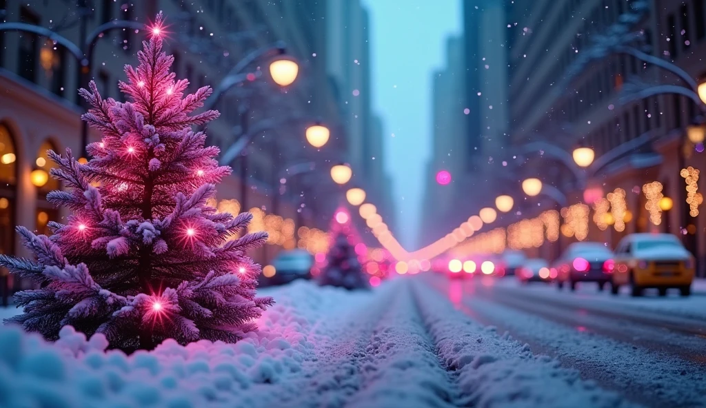city New York at christmas, surrounded by snowflakes and Christmas decorations in purple and teal tones in a colorful, dreamlike environment with glittering lights and boken effects
