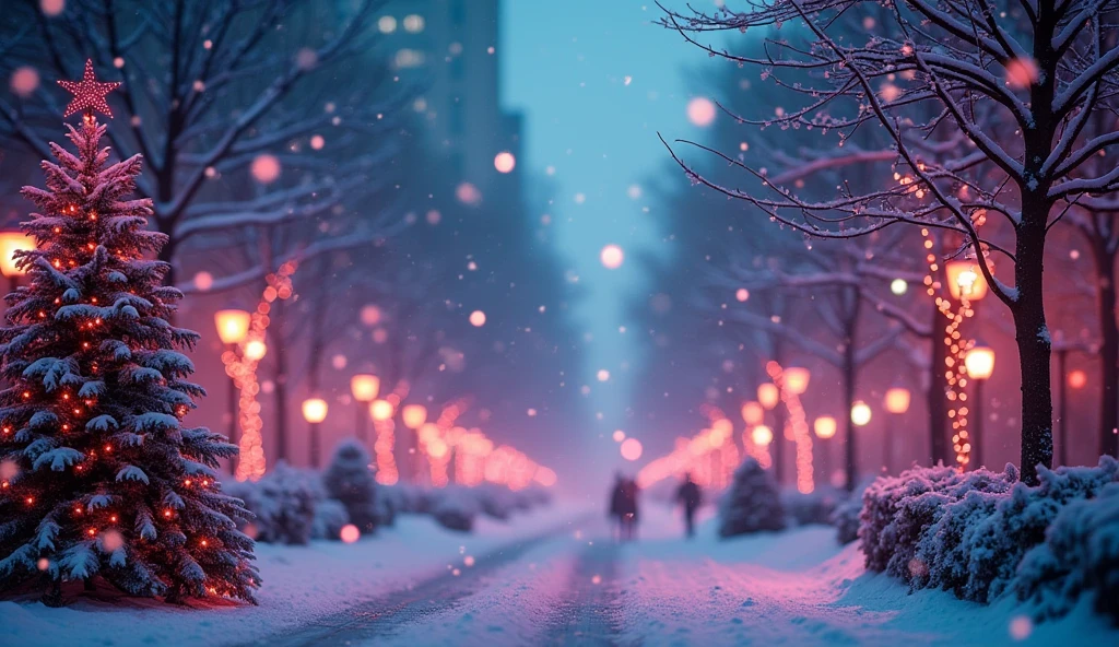 city New York at christmas, surrounded by snowflakes and Christmas decorations in purple and teal tones in a colorful, dreamlike environment with glittering lights and boken effects