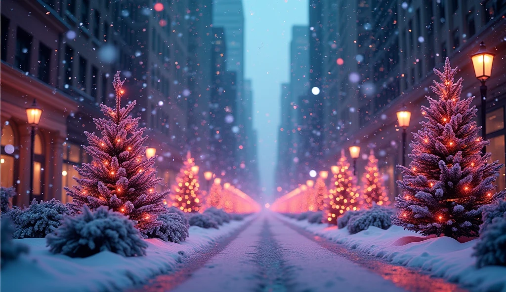 city New York at christmas, surrounded by snowflakes and Christmas decorations in purple and teal tones in a colorful, dreamlike environment with glittering lights and boken effects