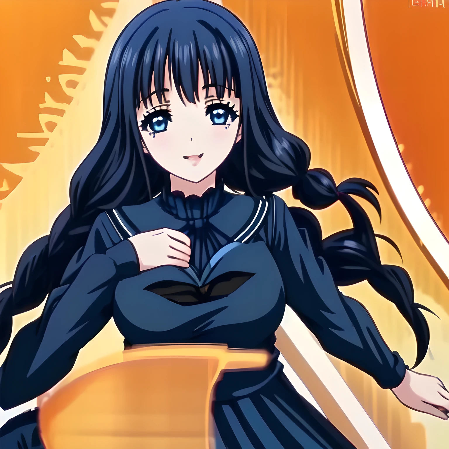 (highest quality, masterpiece: 1.8), (A very beautiful heroine who is looking and laughing at me, Very detailed intelligent heroine's eyes and face, Beautiful eyes with detailed: 1.6), (The girl is turning around quickly and looking at me with adult smile as if she is a too beautiful goddess: 1.6), (Girl whom everyone loves because of her beauty and lovely fashion and intelligence and noble manner. : 1.4), (In fact she is a very intelligent succubus, trying to charm, enslave and absorb me with deeply thought out intelligent strategy!: 1.0), (Very beautiful, wavy, cutely shining super-super-long blue hair, with elegant hair ribbons: 1.4), (Laughing very beautiful and intelligent sapphire-blue intelligent eyes with very long eyelashes which charms and enslave me inevitably, with detailed very well: 2.0), (The elegant, very widely open mouth and glossy wet lips of an anime heroine: 1.0), (Very clear white face with laughing cheeks and mouth: 1.5), (Gothic, noble, fully dark navy blue, neat sailor-styled gothic blue school uniform, fully dark navy blue blouse, with a red ribbon on the chest: 1.6), (In a orange-cream-colored closed narrow lovely girly room with white wallpaper and full of very good smell of female pheromones: 1.3)