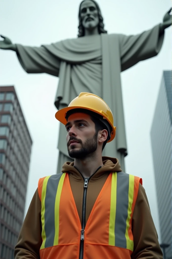 Generates an image of an architecture student with his safety helmet and vest and behind him a Jesus