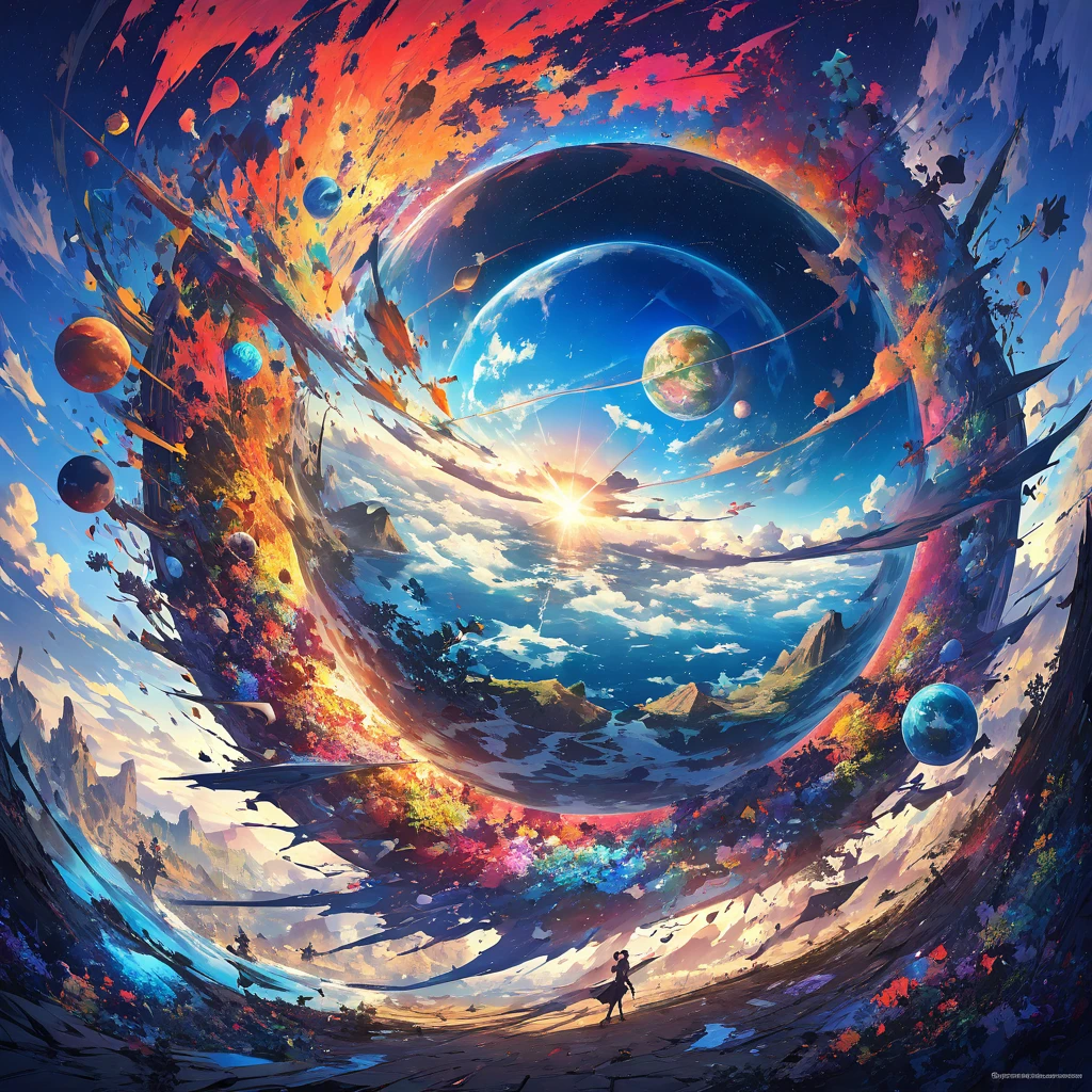 "Visualize an interpretation of the Earth on one side of the face. Divide the shape of the Earth into lewd shapes, To capture your movement and energy in a unique and abstract way. Incorporate bold colors and sharp angles, to convey a sense of movement and tension. Play with perspective and layers, to create a multidimensional composition, that questions traditional notions of space and form. Be inspired by the avant-garde spirit of surreal realism and see nature in a fresh, innovative light.. Unleash your creativity, as you bring this imaginative scene to life on screen