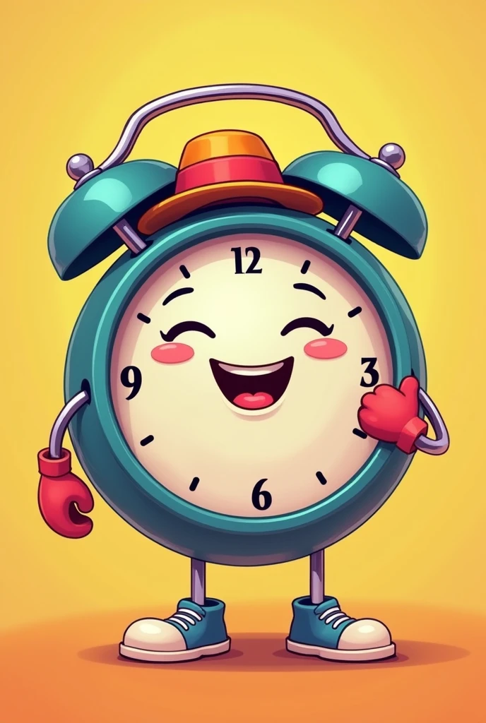 A cheerful age alarm clock with arms and legs wearing a hat