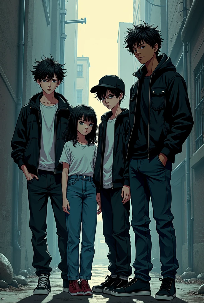 An image with 4 people, a young thin man, with wavy hair and just above shoulder length, wearing baggy pants. a short young woman, dark haired and bangs, a young man not so strong but well defined wearing a black cap. and a tall black boy, with medium curly hair and wearing grunge clothes. Image made with thick lines of a gothic anime
