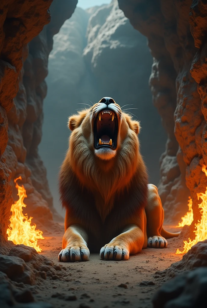 Wallpaper de uma caverna, inside it a lion lying down roaring, and flames of fire around the cave. make it as realistic as possible.